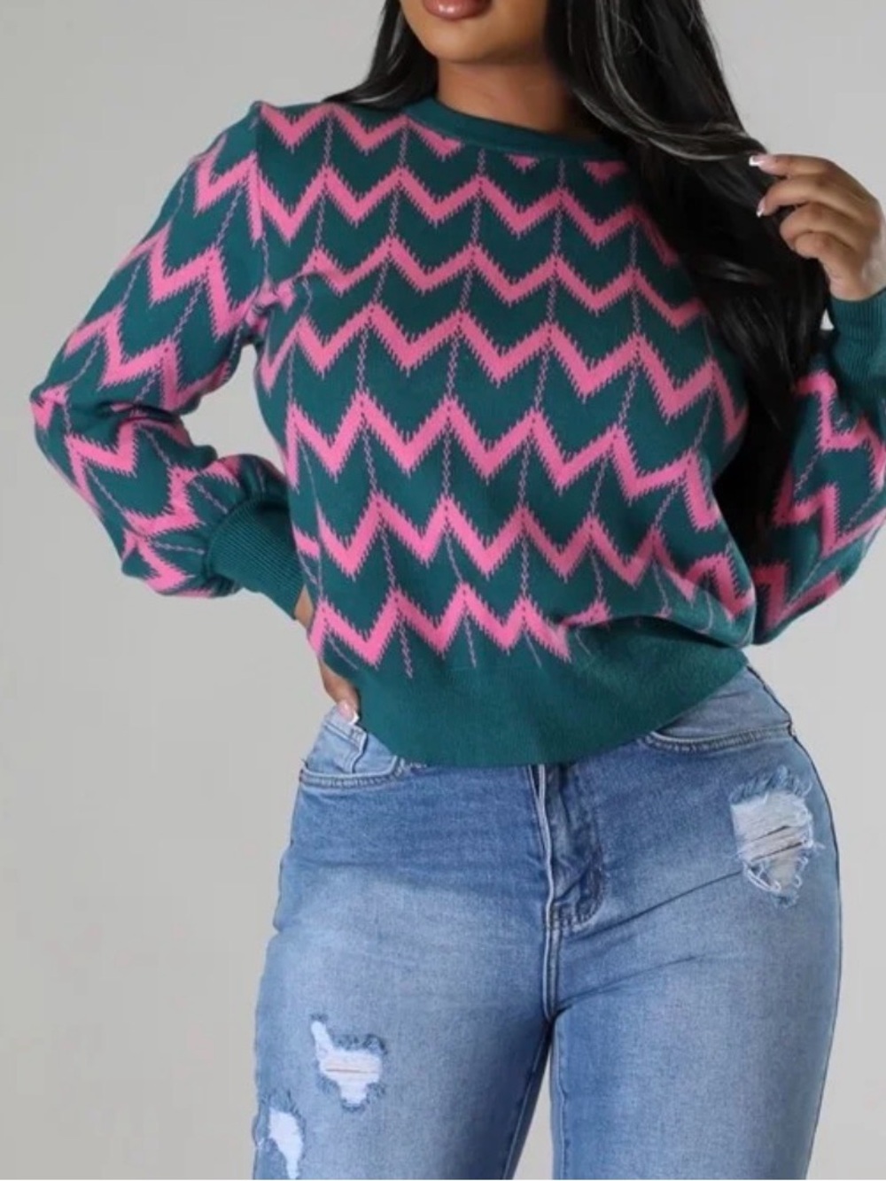Women's Teal and Pink Chevron Knit Sweater